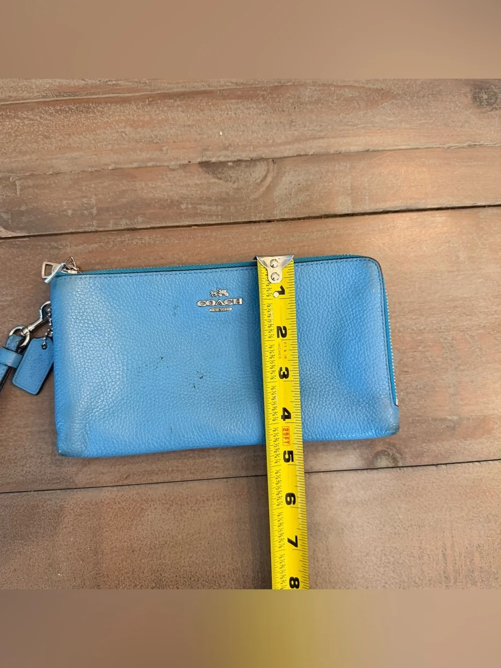 COACH BLUE PEBBLED LEATHER DOUBLE CORNER ZIP ZIPPER WRISTLET CLUTCH WALLET  Used